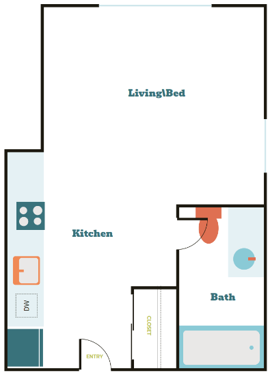 Floor plan for studio, 1 bath, 427 sqft