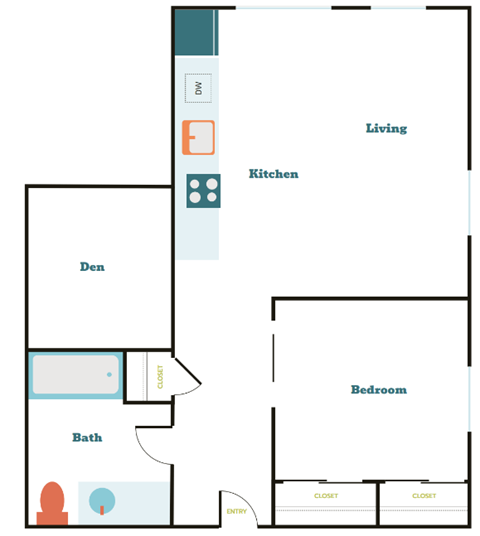 Floor plan for 1 bed, 1 bath, 602 sqft