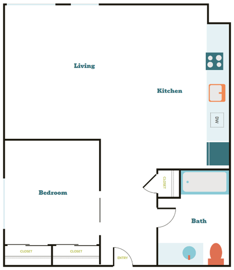 Floor plan for 1 bed, 1 bath, 684 sqft