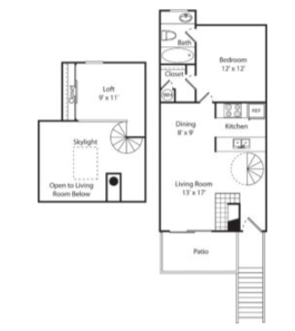 Floor plan for 1 bed, 1 bath, 800 sqft