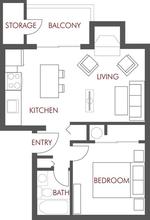 Floor plan for 1 bed, 1 bath, 570 sqft