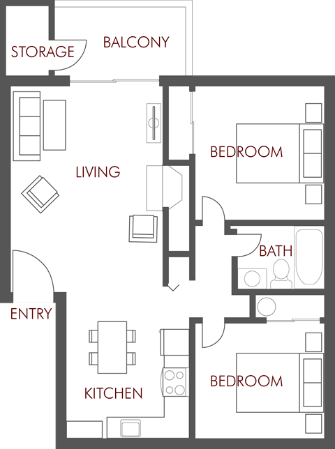 Floor plan for 2 beds, 1 bath, 820 sqft