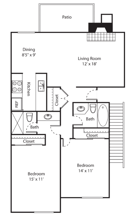 Floor plan for 2 beds, 2 baths, 935 sqft