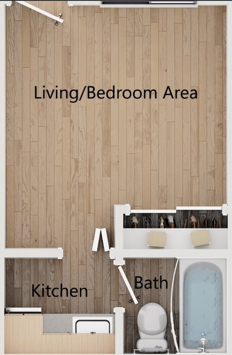Floor plan for studio, 1 bath, 200 sqft