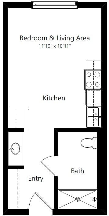Floor plan for studio, 1 bath, 338 sqft