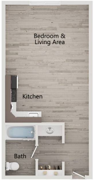 Floor plan for studio, 1 bath, 369 sqft