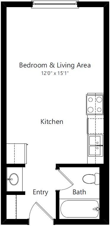 Floor plan for studio, 1 bath, 338 sqft