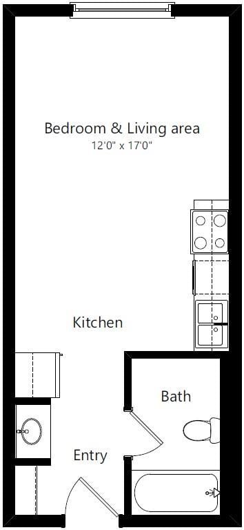 Floor plan for studio, 1 bath, 363 sqft