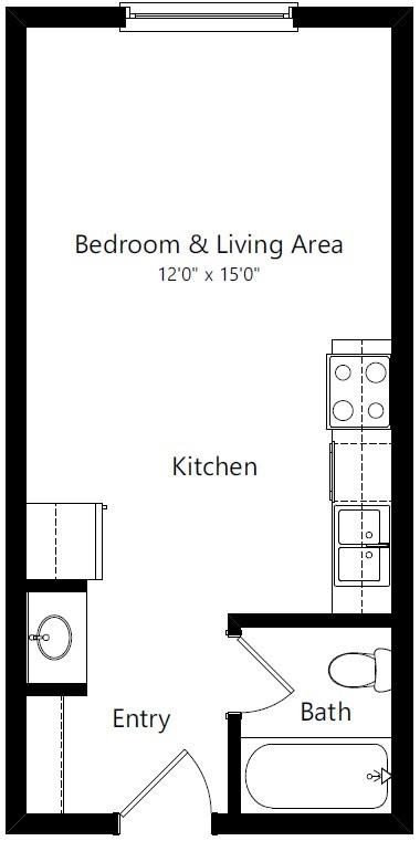 Floor plan for studio, 1 bath, 400 sqft