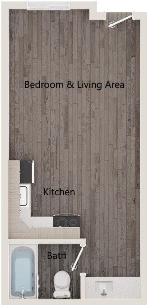 Floor plan for studio, 1 bath, 308 sqft