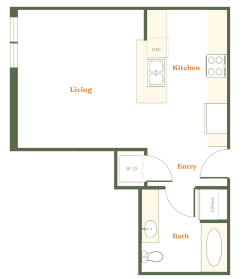 Floor plan for studio, 1 bath, 390 sqft
