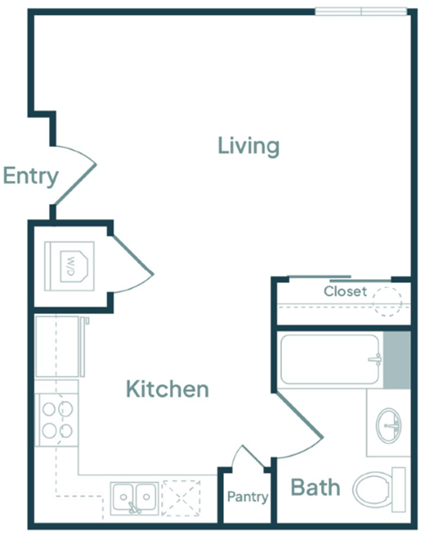 Floor plan for studio, 1 bath, 408 sqft