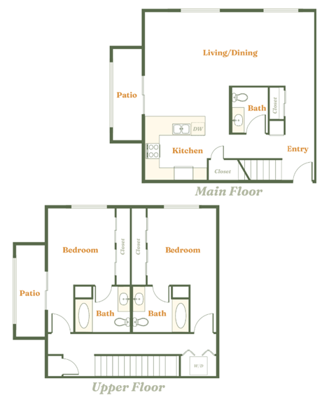 Floor plan for 2 beds, 2.5 baths, 1444 sqft