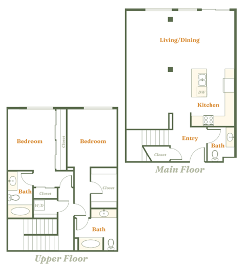 Floor plan for 2 beds, 2.5 baths, 1389 sqft