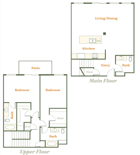 Floor plan for 2 beds, 2.5 baths, 1513 sqft