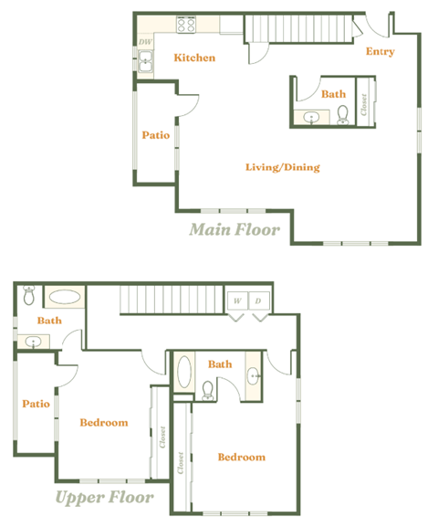 Floor plan for 2 beds, 2.5 baths, 1670 sqft