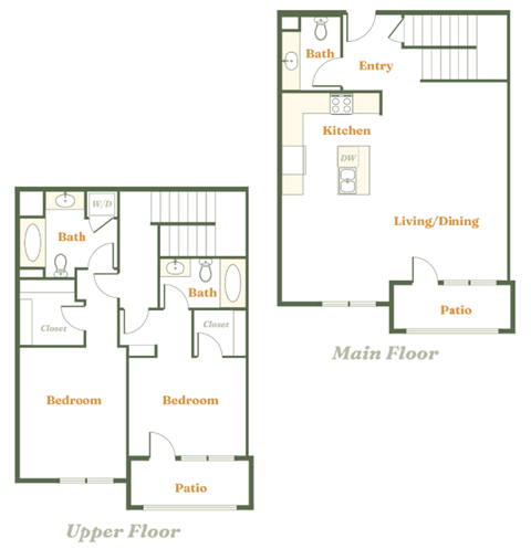 Floor plan for 2 beds, 2.5 baths, 1520 sqft
