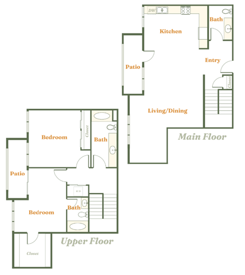 Floor plan for 2 beds, 2.5 baths, 1400 sqft
