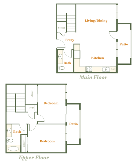 Floor plan for 2 beds, 2.5 baths, 1026 sqft