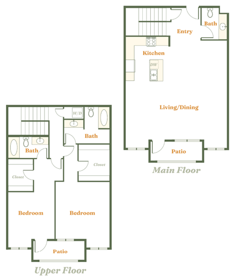 Floor plan for 2 beds, 2.5 baths, 1596 sqft