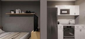 Fife apartment for rent - a kitchen with a refrigerator and a bed