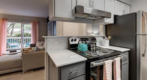 Mukilteo apartment for rent - a small kitchen with a stove and a teapot