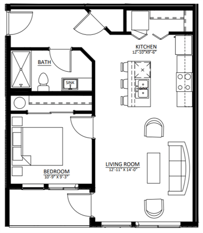 Floor plan for 1 bed, 1 bath, 669 sqft