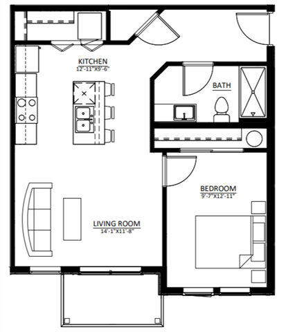 Floor plan for 1 bed, 1 bath, 659 sqft
