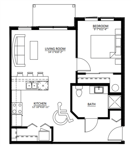 Floor plan for 1 bed, 1 bath, 659 sqft