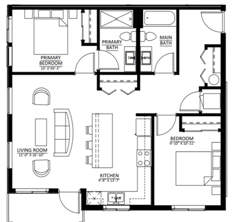 Floor plan for 2 beds, 2 baths, 933 sqft