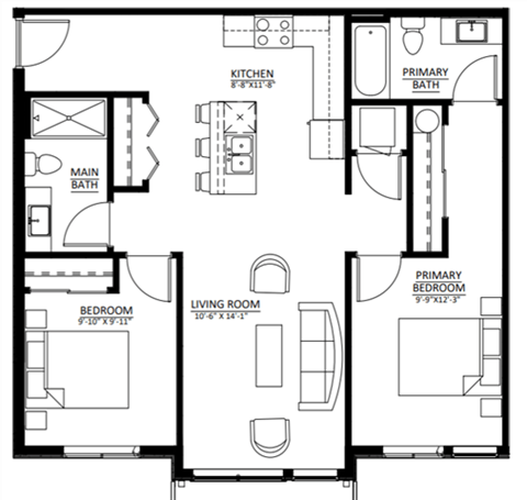 Floor plan for 2 beds, 2 baths, 945 sqft