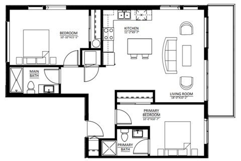 Floor plan for 2 beds, 2 baths, 959 sqft