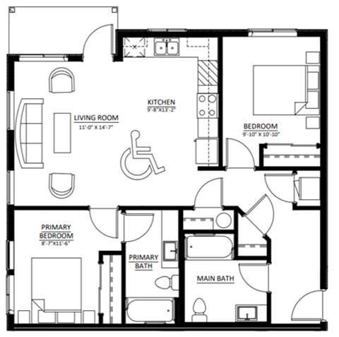 Floor plan for 2 beds, 2 baths, 933 sqft