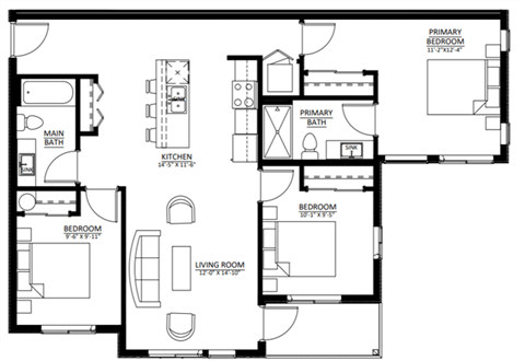 Floor plan for 3 beds, 2 baths, 1131 sqft