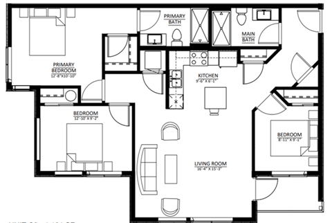 Floor plan for 3 beds, 2 baths, 1121 sqft