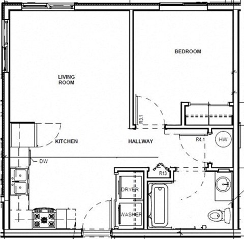 Floor plan for 1 bed, 1 bath, 652 sqft