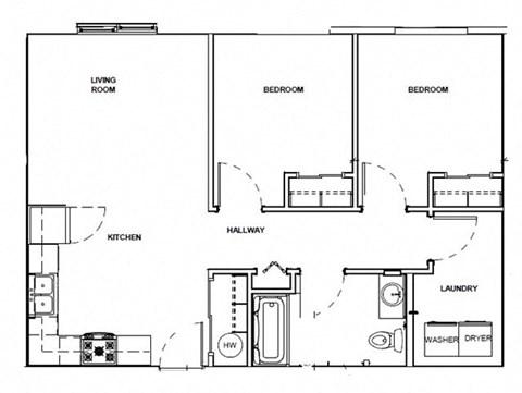 Floor plan for 2 beds, 1 bath, 832 sqft