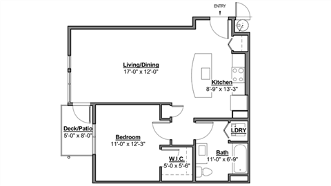 Floor plan for 1 bed, 1 bath, 668 sqft