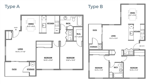 Floor plan for 2 beds, 1 bath, 841 sqft