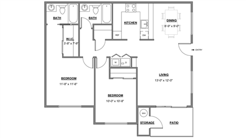 Floor plan for 2 beds, 2 baths, 922 sqft