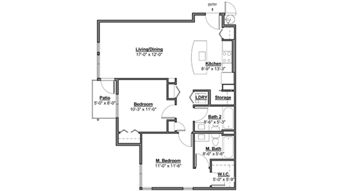 Floor plan for 2 beds, 2 baths, 880 sqft