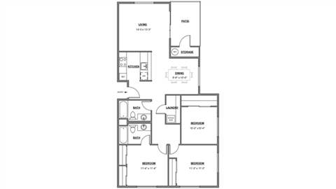 Floor plan for 3 beds, 2 baths, 1172 sqft
