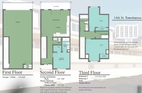 Floor plan for 3 beds, 2.5 baths, 1305 sqft