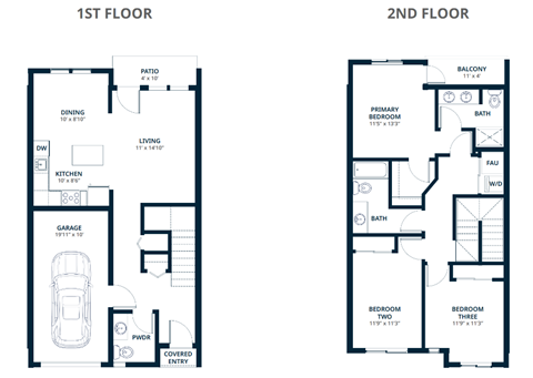 Floor plan for 3 beds, 2.5 baths, 1516 sqft