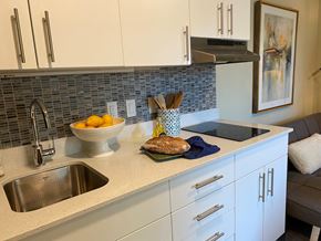 Seattle apartment for rent - a kitchen counter with a sink and a bowl of fruit