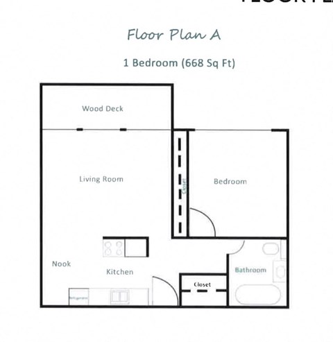 Floor plan for 1 bed, 1 bath, 668 sqft