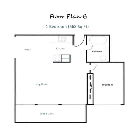 Floor plan for 1 bed, 1 bath, 668 sqft