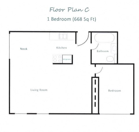Floor plan for 2 beds, 1 bath, 668 sqft