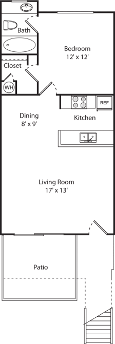 Floor plan for 1 bed, 1 bath, 680 sqft