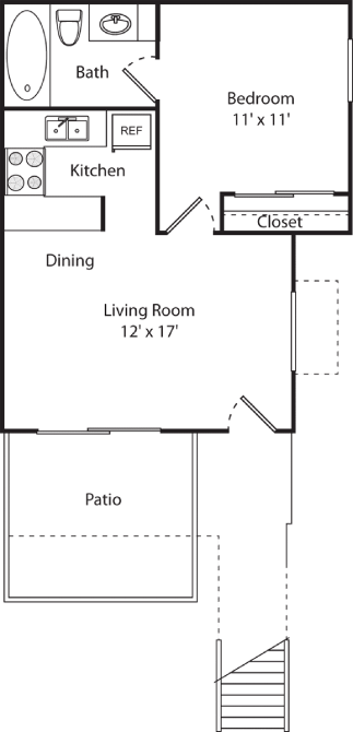 Floor plan for 1 bed, 1 bath, 450 sqft